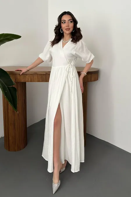 Toptan Ekru Müslin Uzun Elbise