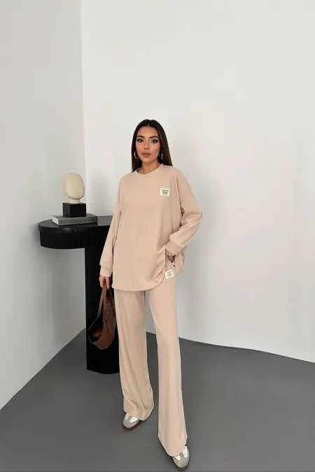 Toptan Krem Klasik Fitilli Kazak Ve Pantolon Takım