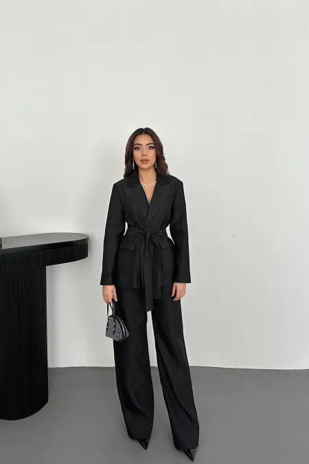 Toptan Siyah Parlak Beli Kuşaklı Takım