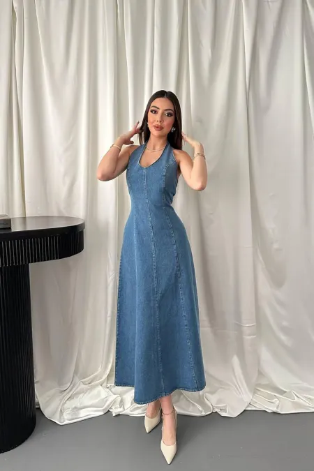 Robe en jean bleu dos nu en gros