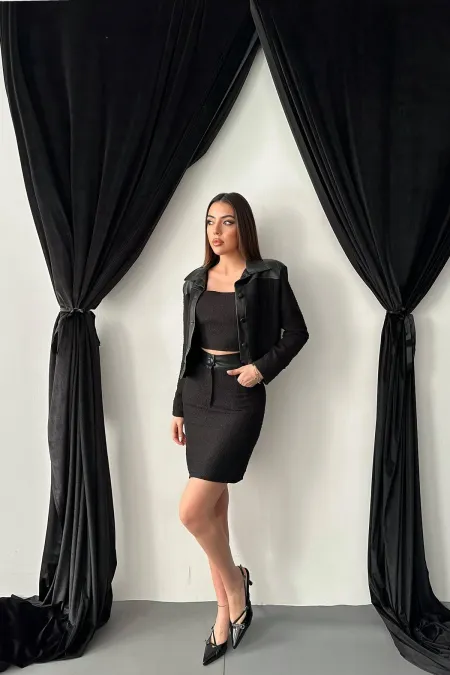 Ensemble veste et pantalon garnis de cuir noir triple en gros