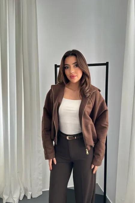 Toptan Kahverengi Kısa Kapüşonlu Ceket