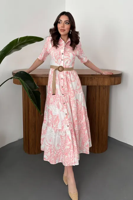 Toptan Pembe Brodeli Kolları Bağcıklı Elbise