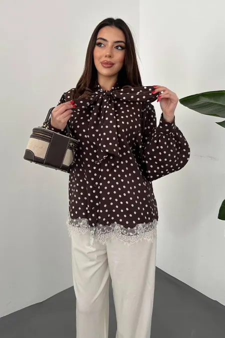 Toptan Kahverengi Puantiyeli Dantelli Gömlek