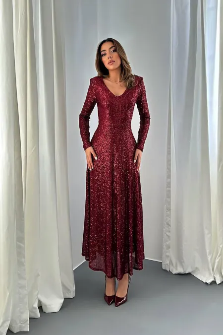 Toptan Bordo Sırt Dekolteli Pulpayet Elbise