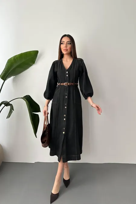 Robe en jean noire à manches ballon en gros