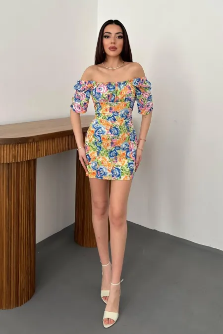 Toptan Oranj Boyundan Bağlamalı Desenli Elbise