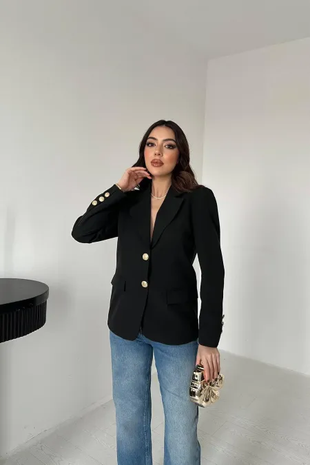Toptan Siyah Gold Düğmeli Blazer Ceket