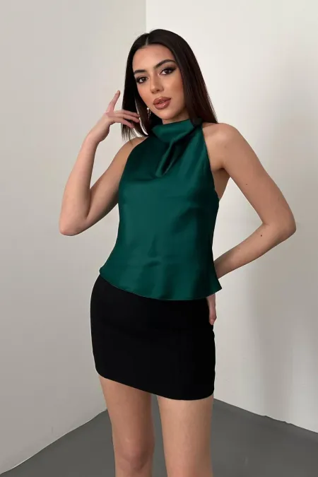 Toptan Zümrüt Degaje Saten Bluz