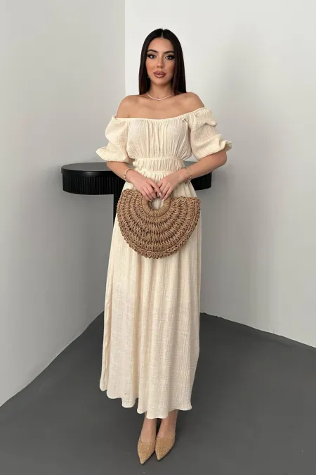 Toptan Bej Yakası Büzgülü Müslin Keten Elbise