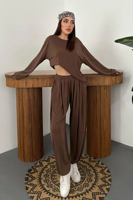 Toptan Kahverengi Uzun Kollu Alt Üst Takım