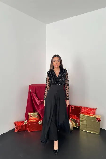 Combinaison jupe à manches en tulle noir en gros