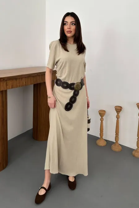 Toptan Bej Pileli Bisiklet Yaka Elbise