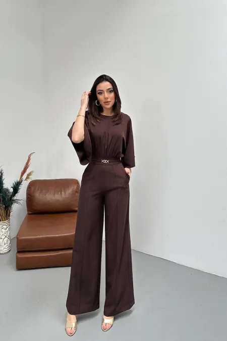 Toptan Kahverengi Bel Büzgülü Kemerı Aksesuarlı Yarasa Kol Tulum