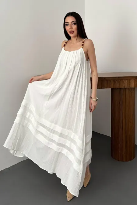 Toptan Ekru Askılı Müslin Elbise