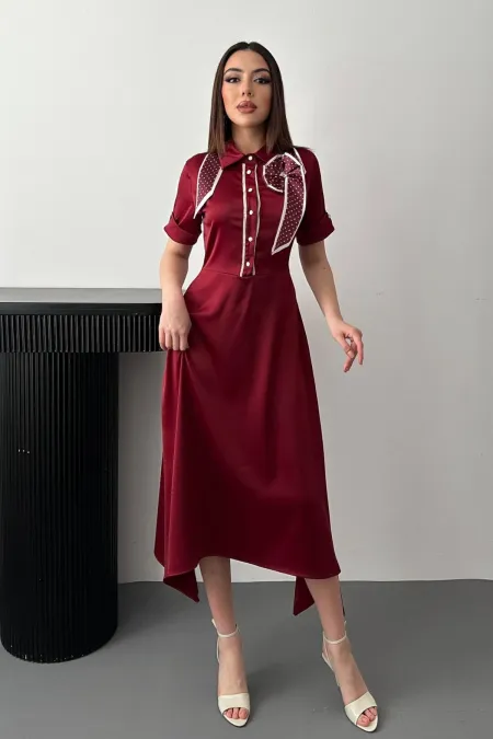 Toptan Bordo Fular Detaylı Saten Elbise