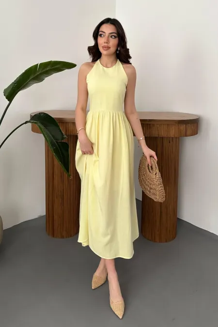 Toptan Sarı Arkası Gipeli Keten Elbise
