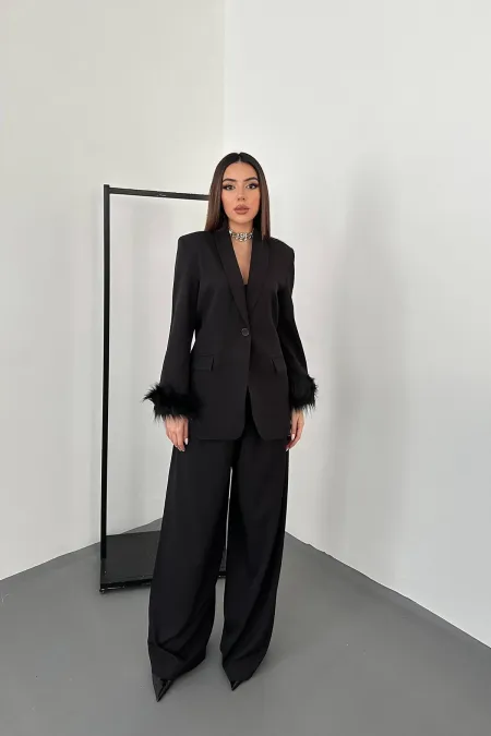 Ensemble veste et pantalon à manches à plumes noires en gros