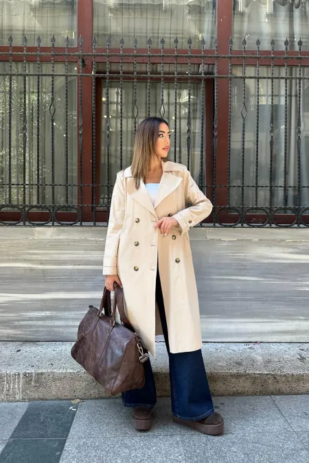 Toptan Bej Uzun Kemerli Trençkot
