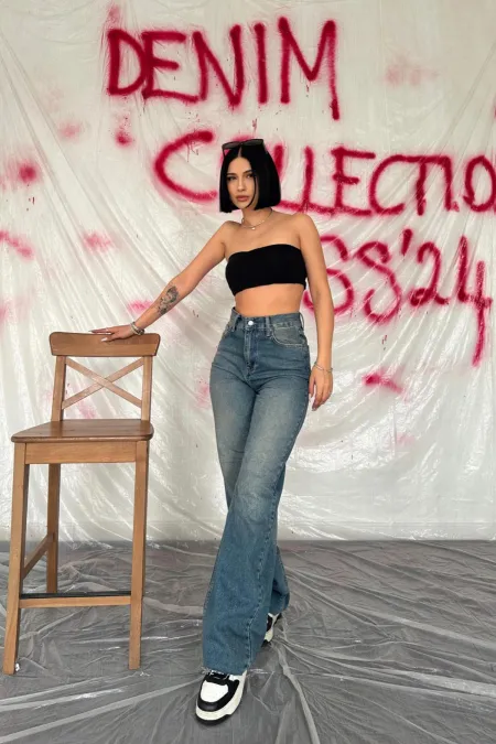 Wholesale Navy Blue High-Waisted and Wide-Leg Jeans