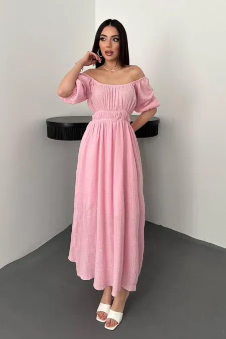 Robe en mousseline de lin rose à col froncé, vente en gros
