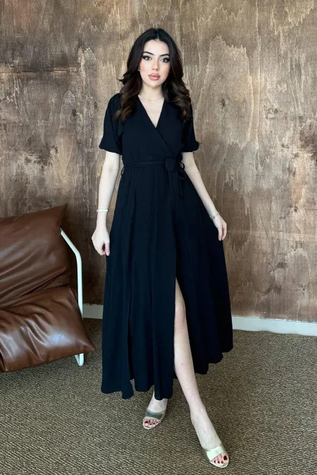 Toptan Siyah Kruvaze Yaka Müslin Keten Elbise