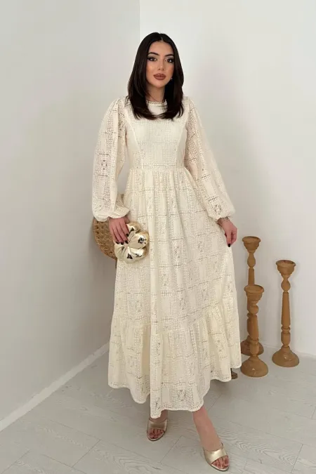 Toptan Ekru Dantelli Elbise