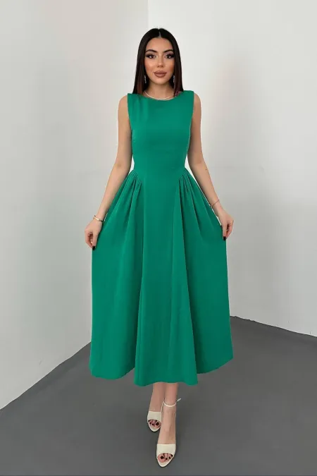 Robe mi-longue plissée en lin vert, vente en gros