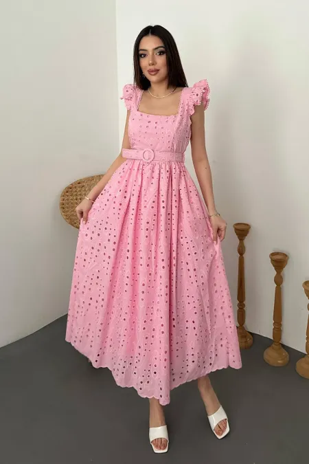 Toptan Pembe Dantelli Brode Elbise