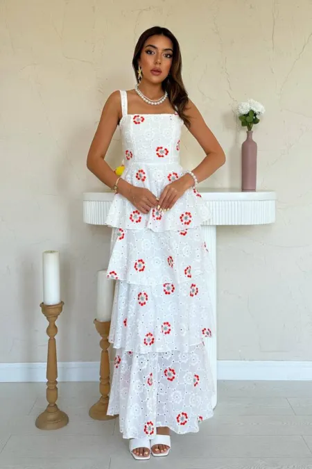 Robe rouge à motifs Corona, à volants et à nouer dans le dos, en gros