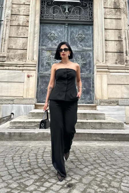 Ensemble haut court et pantalon boutonné sans bretelles noir en gros