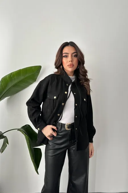 Chemise en daim noire à boutons-pression en gros