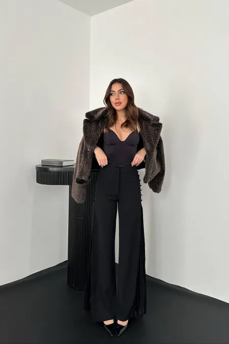 Toptan Siyah Yanları Piliseli Pantolon