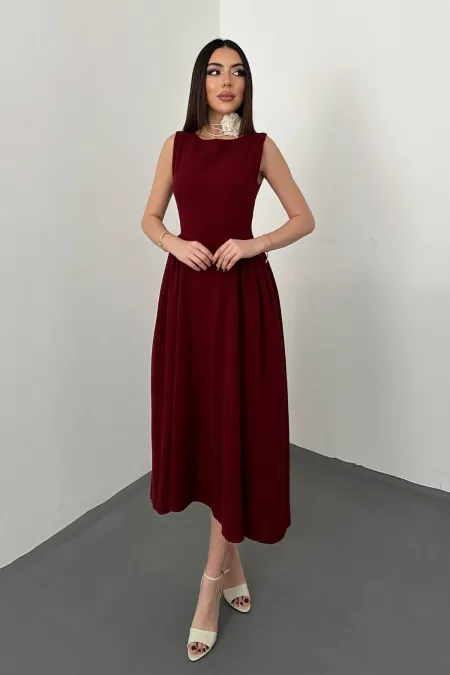 Toptan Bordo Yanları Büzgülü Midi Boy Keten Elbise