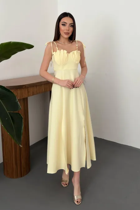 Toptan Sarı Yırtmaçlı Göğüs Kuplu Atlas Elbise