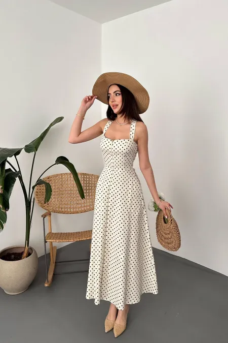 Toptan Ekru Puantiyeli Elbise