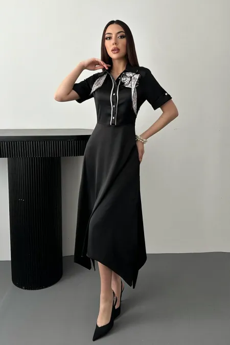 Toptan Siyah Fular Detaylı Saten Elbise