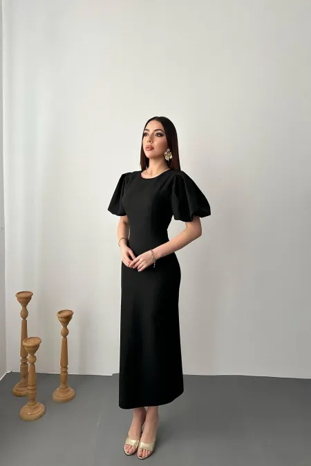 Toptan Siyah Kolları Balon Elbise