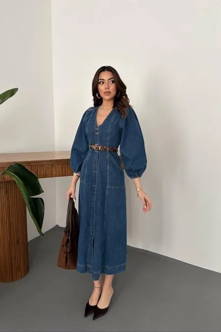 Toptan Mavi Balon Kol Kot Elbise