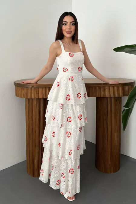 Toptan Kırmızı Korona Desenli Kat Kat Arkası Bağlamalı Elbise