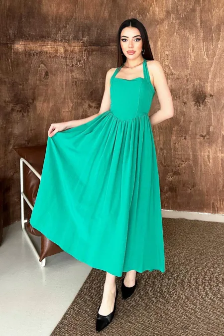 Robe en lin verte à col licou en gros