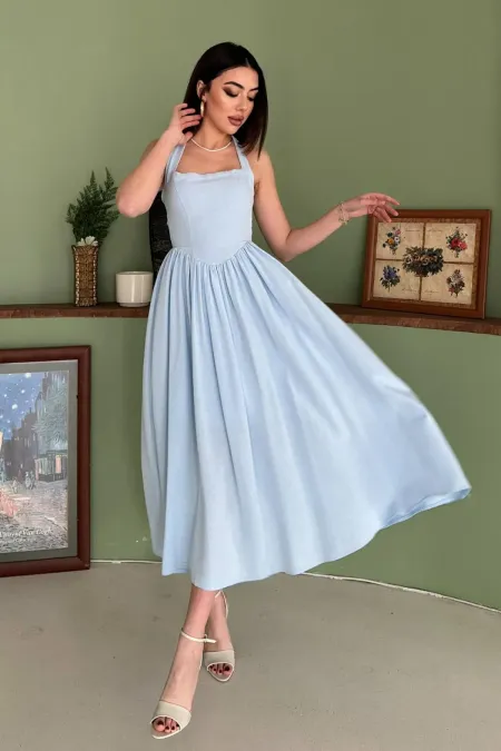 Toptan Mavi Boyundan Bağlamalı Keten Elbise