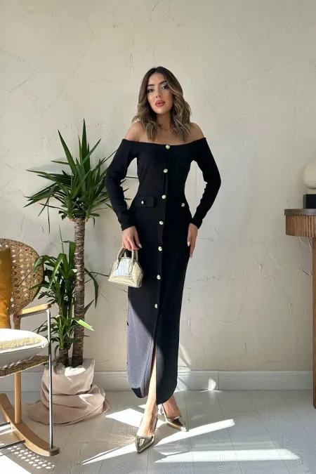 Robe noire en tricot à boutons dorés en gros