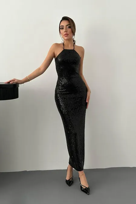 Robe noire à paillettes avec dos nu en gros