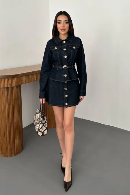 Toptan Mavi Gold Düğmeli Kot Ceket Ve Etek Takım