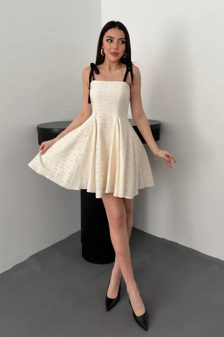 Toptan Bej Omzu Bağcıklı Elbise