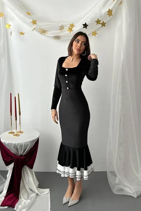 Toptan Siyah Alt Eteği Volanlı Kadife Elbise