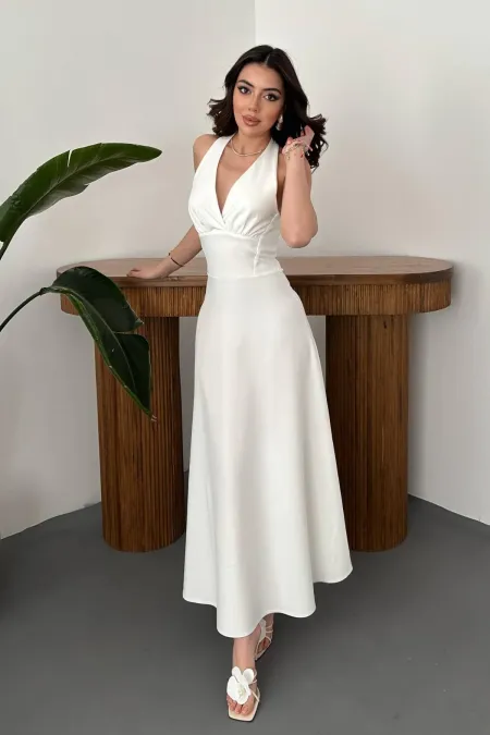 Toptan Ekru Atlas Göğüs Kuplu Elbise