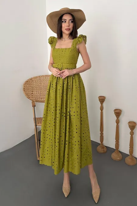 Toptan Fıstık Yeşili Dantelli Brode Elbise