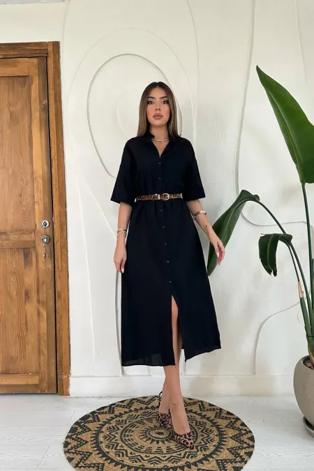 Robe à manches courtes en lin noir en gros